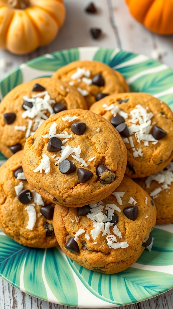 A plate of pumpkin chocolate chip cookies topped with shredded coconut.