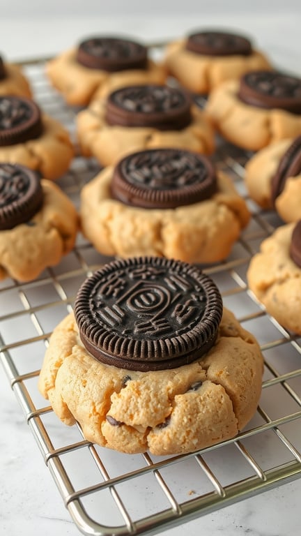 Oreo stuffed cookies on a cooling rack