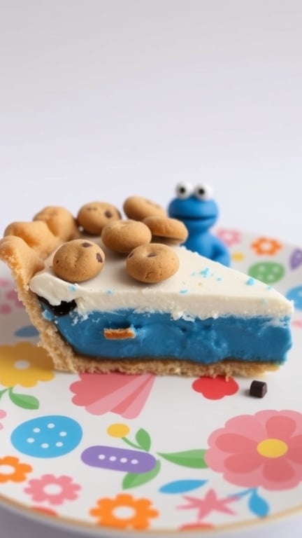 A slice of Cookie Monster Pie with blue filling, topped with mini chocolate chip cookies and a Cookie Monster figure.