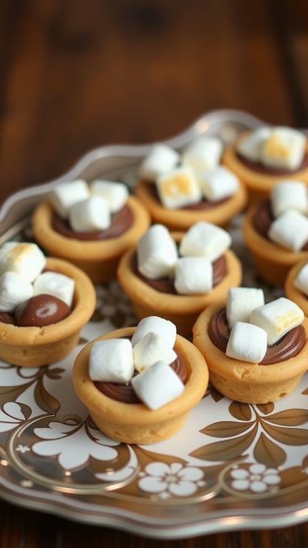 A plate of S'mores Cookie Cups filled with chocolate and topped with marshmallows.