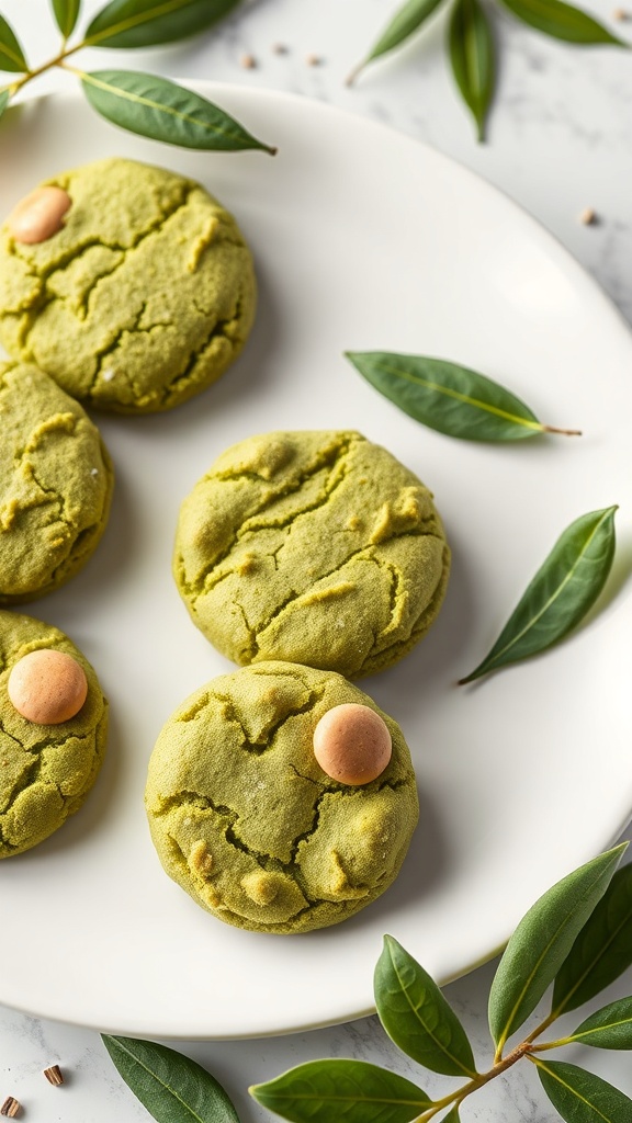 Plate of matcha no bake cookies with green leaves