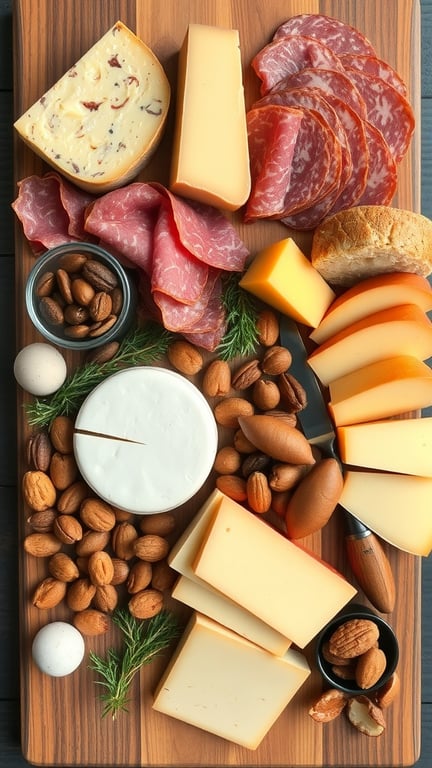 A beautifully arranged cheese and meat board with various cheeses, cured meats, nuts, and bread.
