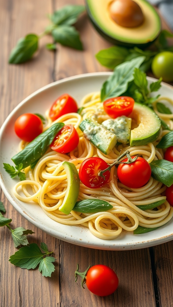 A plate of zucchini noodle salad topped with cherry tomatoes and avocado dressing