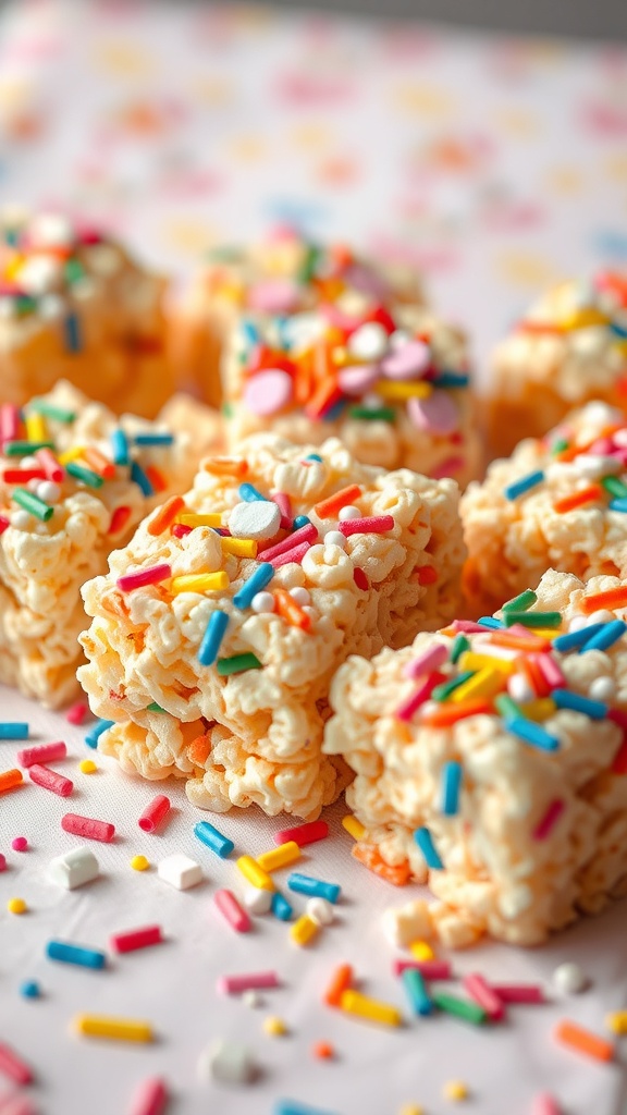 Colorful Rice Krispie Treats topped with rainbow sprinkles