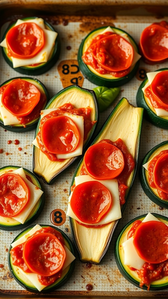 Baking tray with zucchini slices topped with marinara sauce, cheese, and pepperoni.