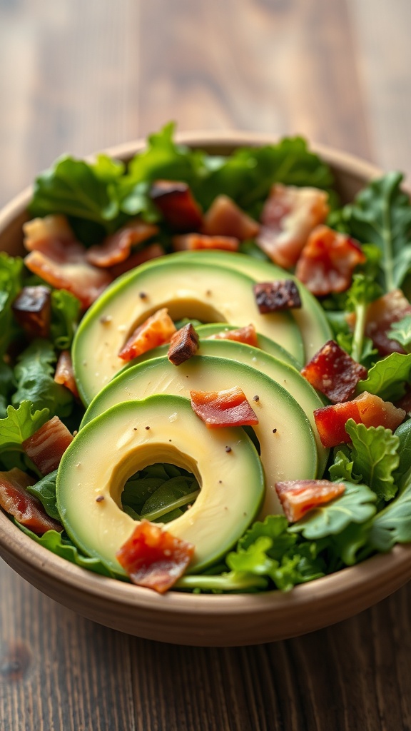 A delicious breakfast salad featuring avocado slices and crispy bacon on a bed of greens.