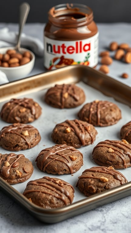 A tray of no-bake Nutella cookies drizzled with chocolate and topped with nuts, with a jar of Nutella in the background.