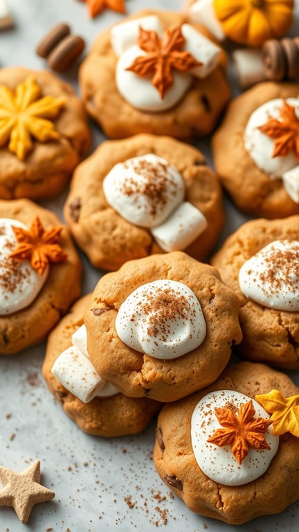 A close-up of pumpkin spice s'mores cookies topped with marshmallow and autumn-themed decorations.
