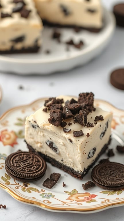 A slice of Oreo cheesecake bar topped with crushed Oreos on a decorative plate.
