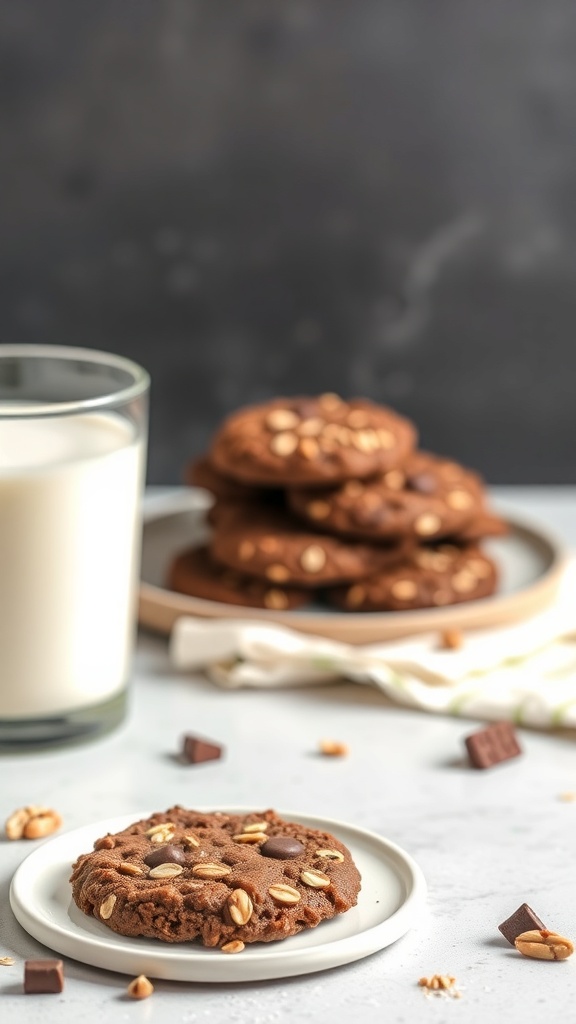A plate of no-bake chocolate oatmeal cookies with a glass of milk