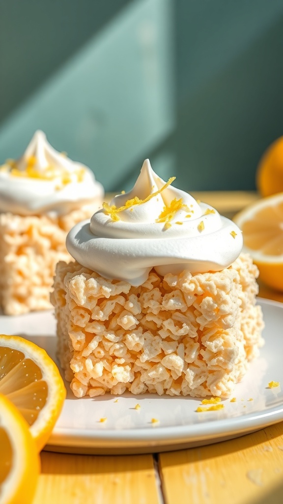 Lemon Meringue Rice Krispie Treats topped with meringue and lemon zest