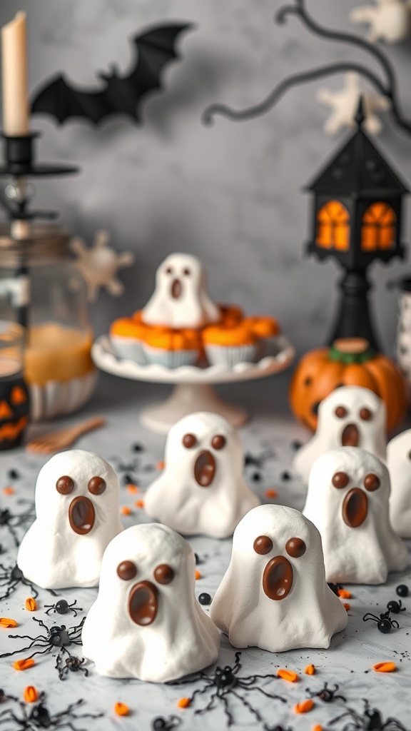 A group of ghost-shaped marshmallow treats with chocolate eyes, surrounded by Halloween decorations.
