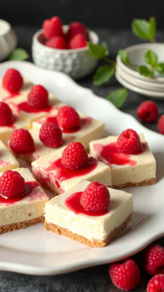 Delicious raspberry cheesecake bars topped with fresh raspberries and raspberry sauce on a white platter.