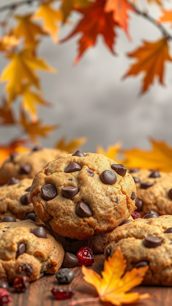 A close-up of pumpkin chocolate chip cookies with dried cranberries, surrounded by autumn leaves.