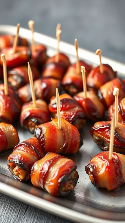 A platter of sweet and spicy bacon-wrapped dates with toothpicks