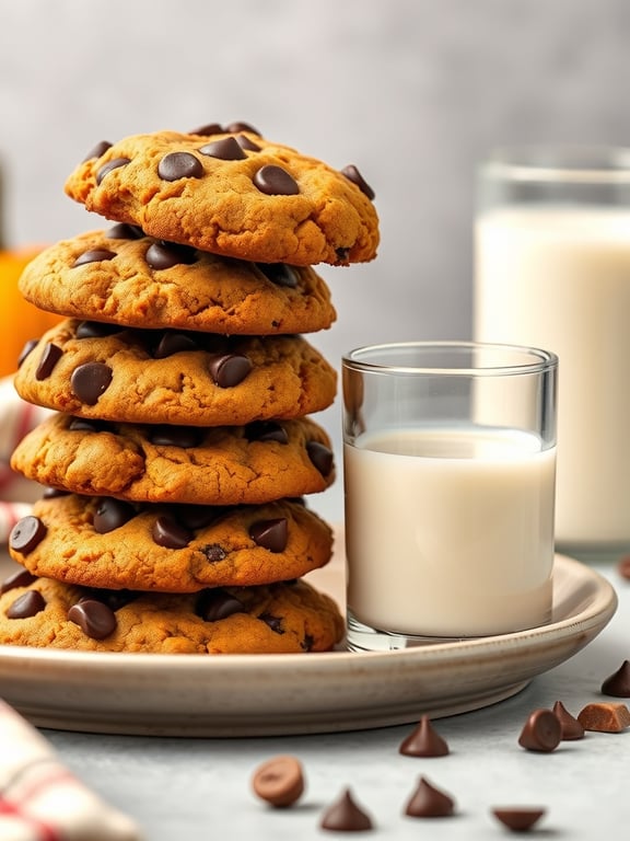 A stack of pumpkin chocolate chip cookies on a plate with a glass of milk beside it.