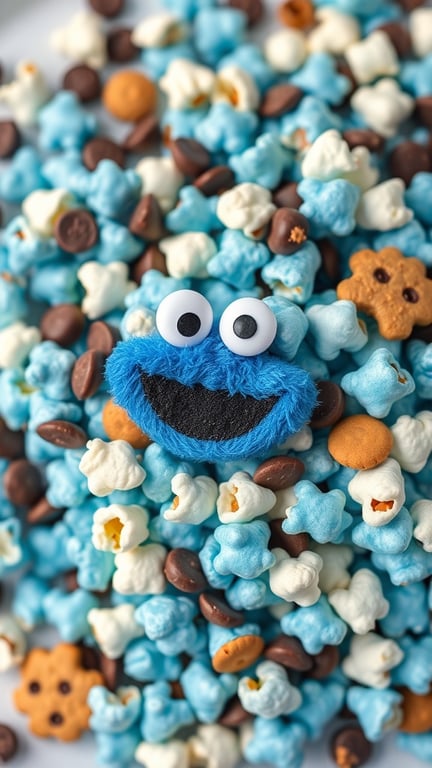 Colorful Cookie Monster popcorn with blue candy melts, chocolate chips, and cookie-shaped candies, featuring a Cookie Monster plush toy.
