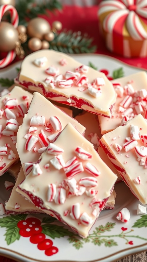 A plate of peppermint bark cookies topped with crushed peppermint candies, surrounded by festive decorations.