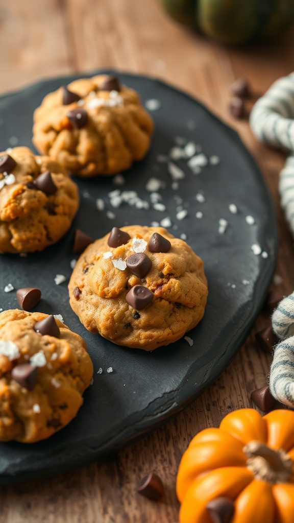 Pumpkin chocolate chip cookies topped with sea salt on a slate plate, with a small pumpkin in the background.