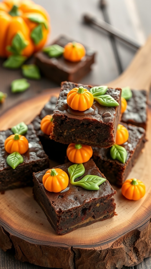 Delicious pumpkin patch brownies decorated with candy pumpkins and leaves