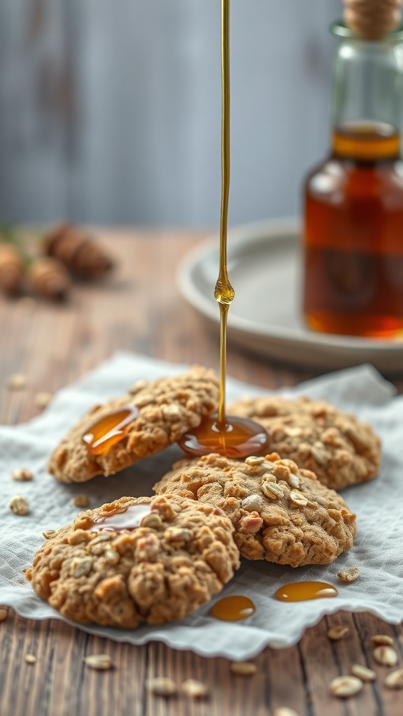 Maple oatmeal cookies drizzled with syrup on a wooden table