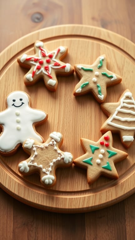 A wooden platter with beautifully decorated gingerbread cookies in various festive shapes.