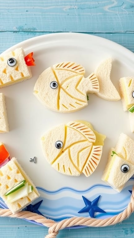 A plate of fish-shaped sandwiches with various fillings and decorations