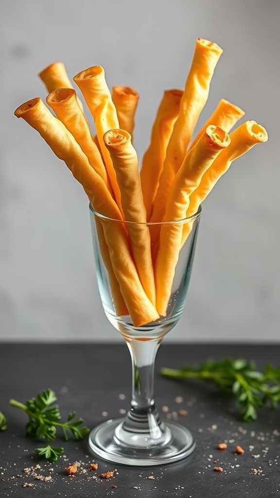 A glass filled with golden puff pastry cheese straws, garnished with fresh herbs.