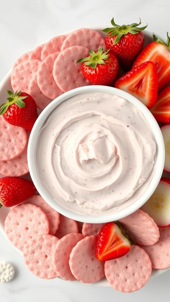 A bowl of raspberry cream cheese dip surrounded by pink crackers and fresh strawberries.