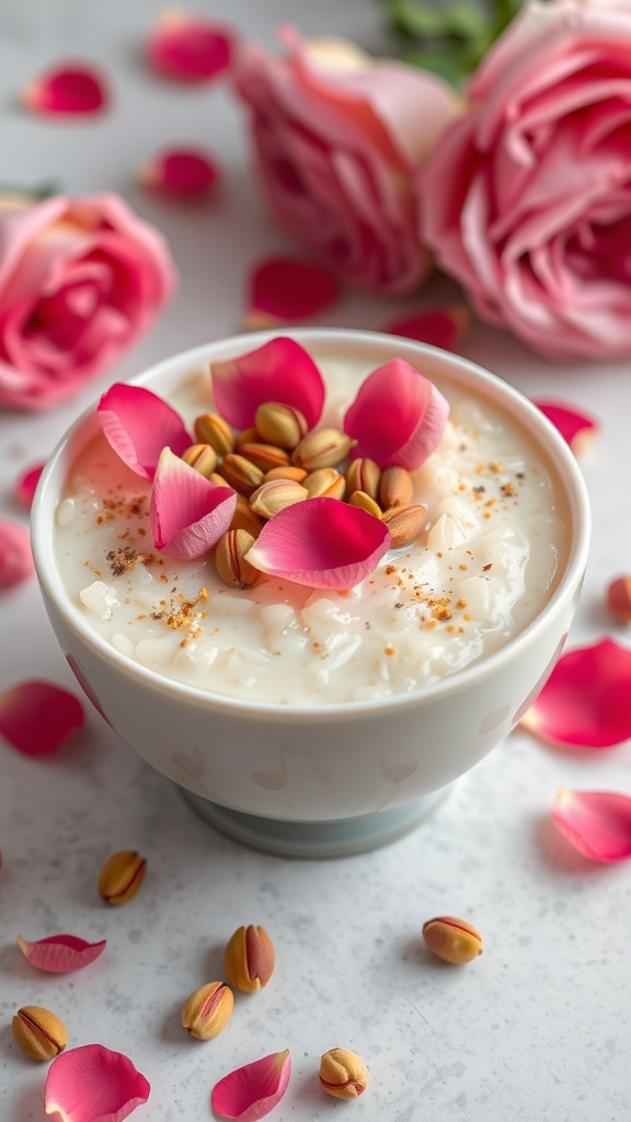 A bowl of rose water infused rice pudding topped with rose petals and pistachios, surrounded by scattered rose petals.