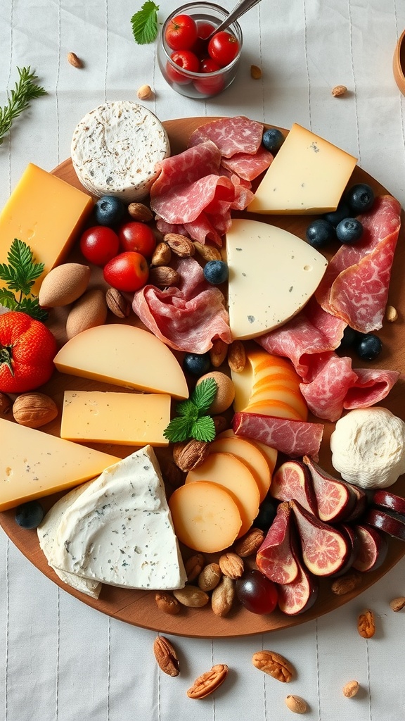 A beautifully arranged cheese and charcuterie board featuring various cheeses, cured meats, fresh fruits, and nuts.