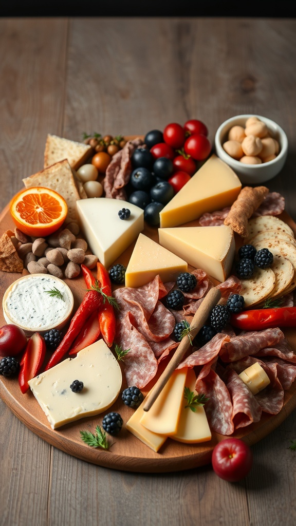 A beautifully arranged cheese and charcuterie board with various cheeses, cured meats, fruits, and nuts.
