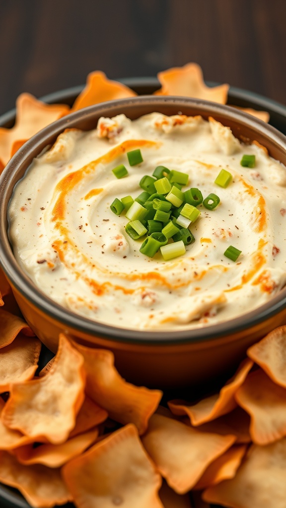A bowl of creamy crab rangoon dip topped with green onions, surrounded by crispy wonton chips.