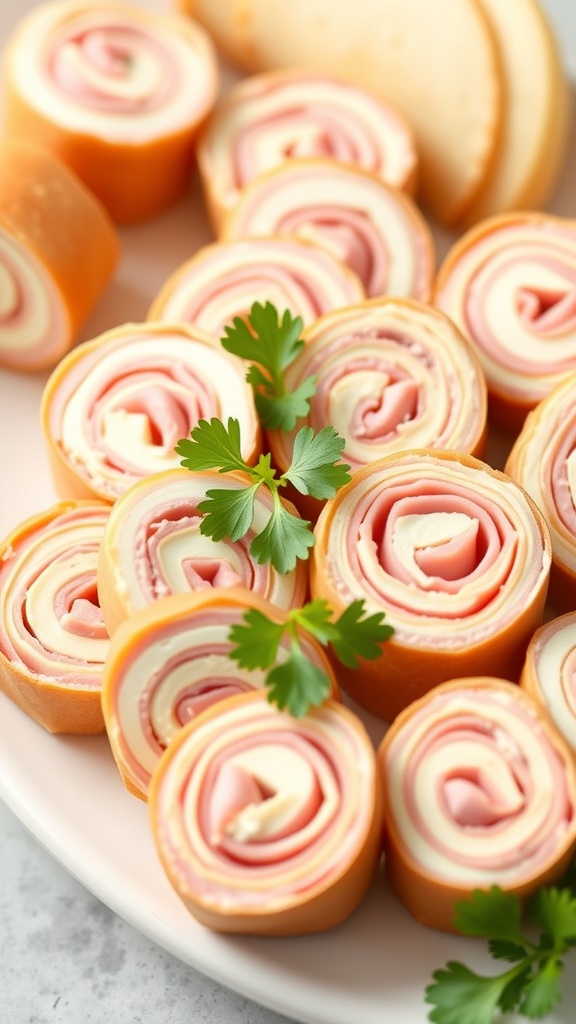 A platter of ham and cheese pinwheels garnished with parsley