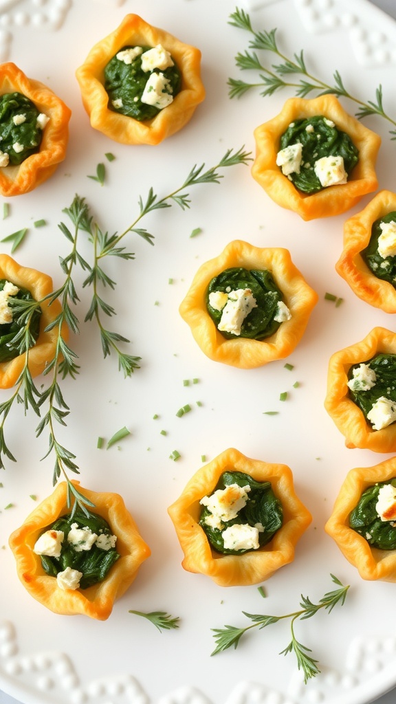 Savory spinach and feta puff pastry bites arranged on a plate with herbs