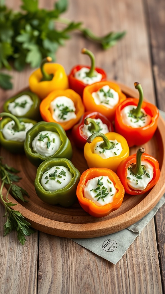 A wooden platter filled with colorful stuffed mini peppers topped with herbs.