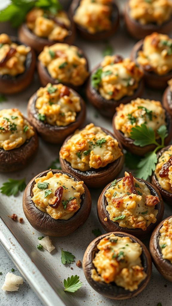 A platter of savory stuffed mushrooms filled with a creamy mixture, garnished with herbs.