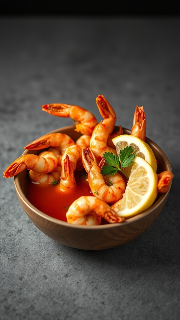 A bowl of spicy shrimp cocktail with lemon slices and parsley