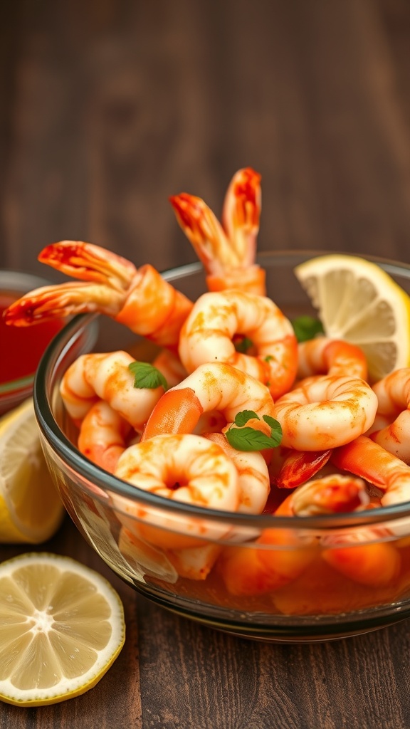 A bowl of spicy shrimp cocktail with lemon slices