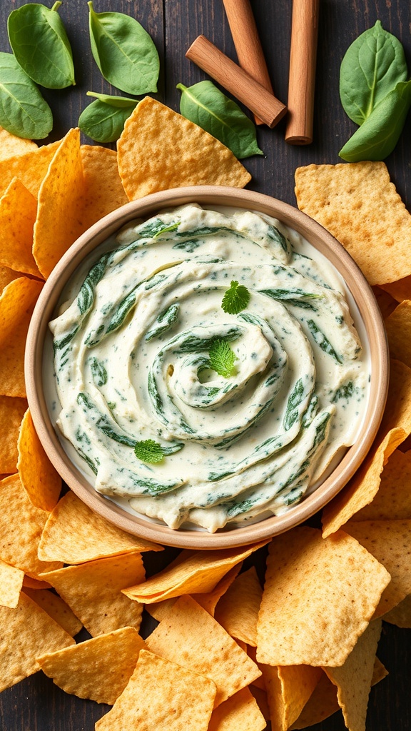 A bowl of spinach and artichoke dip surrounded by tortilla chips and fresh spinach leaves.
