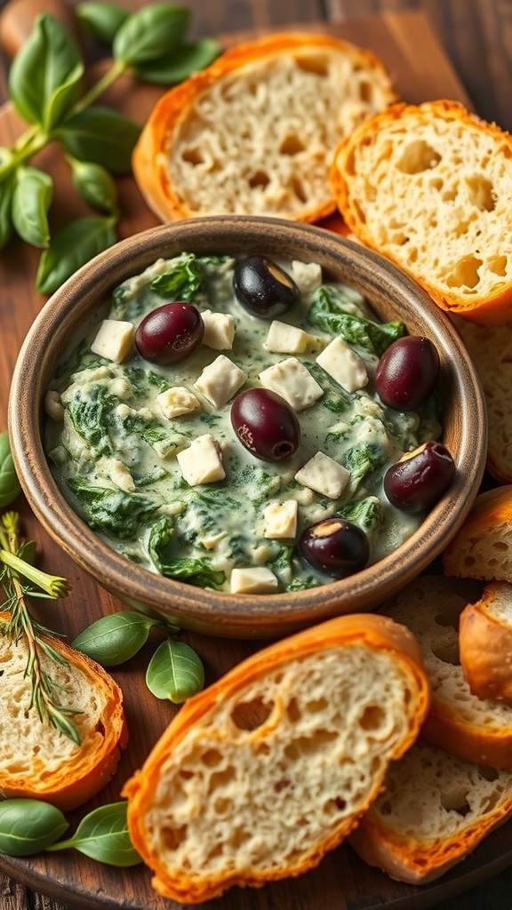 A bowl of spinach and feta cheese dip surrounded by slices of bread and fresh herbs.