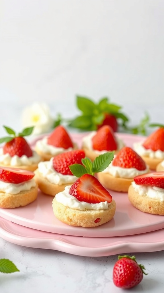 A platter of strawberry and cream cheese sandwiches, beautifully arranged with fresh strawberries on top.