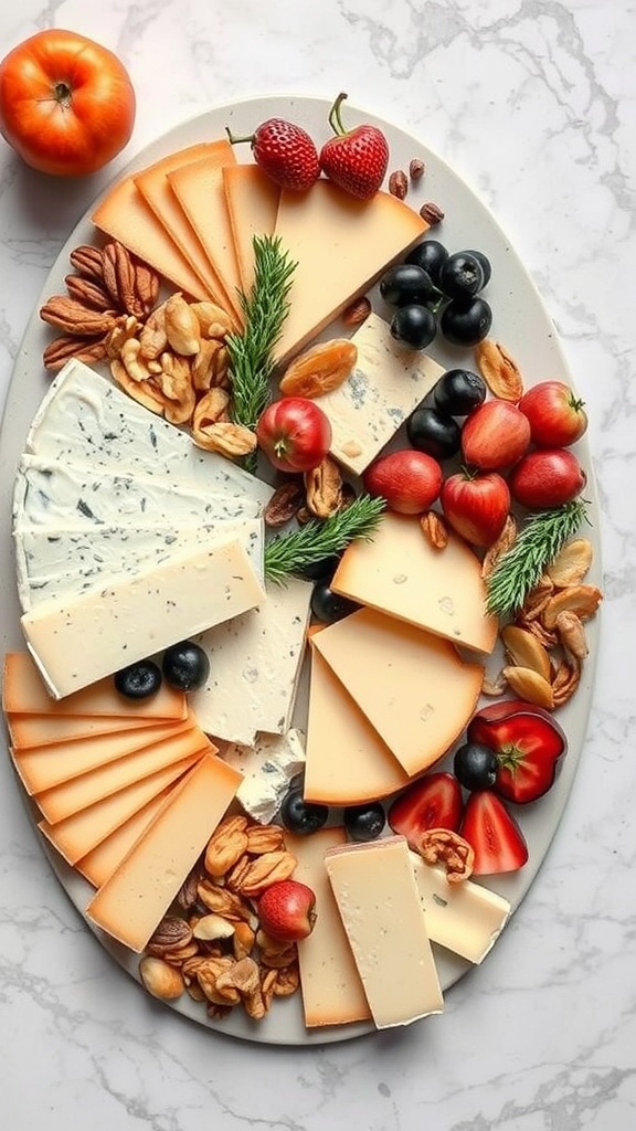 A cheese platter with various cheeses, fruits, and nuts arranged beautifully.