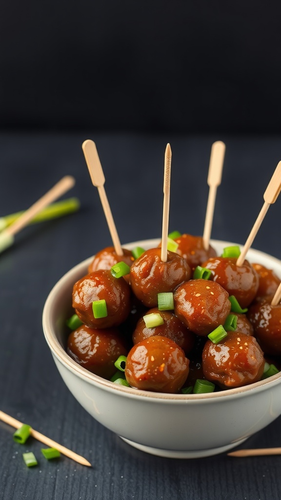 A bowl of sweet and spicy meatballs garnished with green onions and toothpicks.