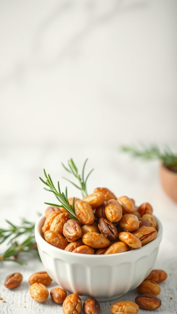 A bowl of sweet and spicy nuts garnished with rosemary.