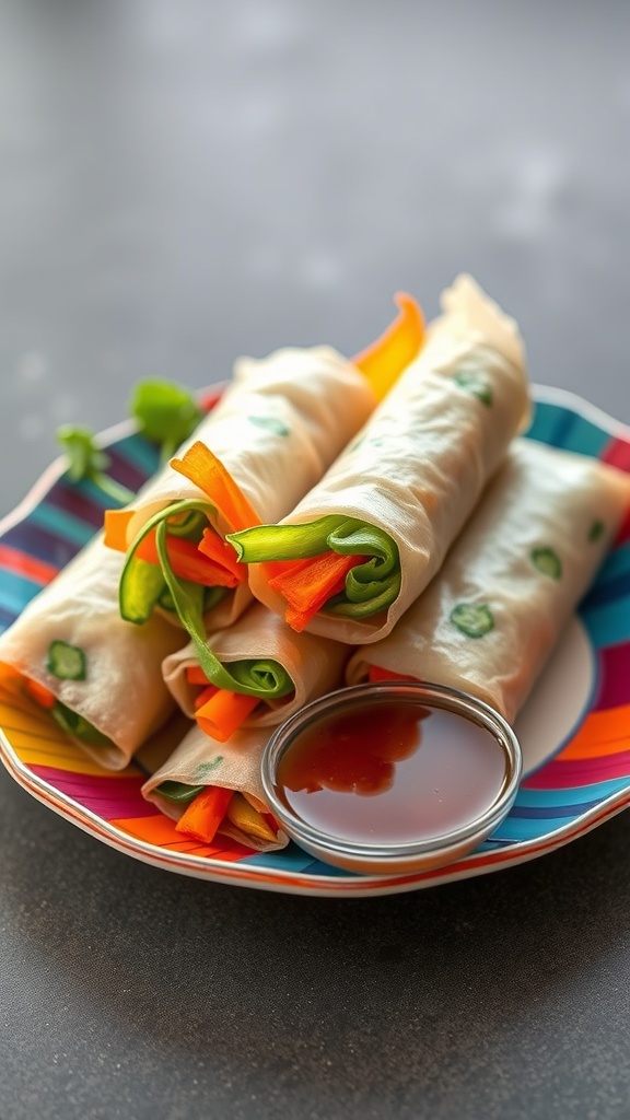 A plate of colorful vegetable spring rolls with a small bowl of dipping sauce.