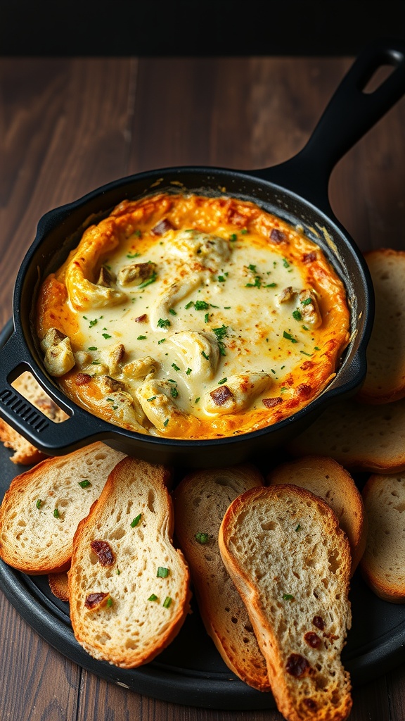 A warm artichoke and cheese dip served in a skillet with toasted bread slices on the side.