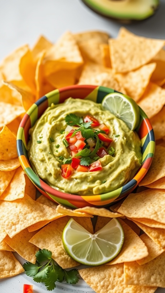 A colorful bowl of guacamole dip surrounded by tortilla chips and lime wedges.