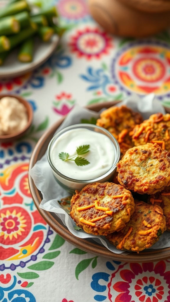 A plate of zucchini fritters with tzatziki sauce on a colorful tablecloth, garnished with cheese.
